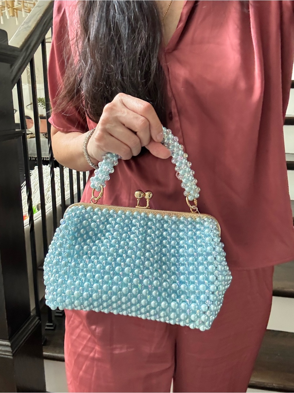 Custom Baby Blue Pearl and Acrylic Beaded handbag